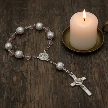 One Decade Car Rosary with St. Benedict Medal Catholic Auto Rear View Mirror Charm Pink Glass Beads Spiritual Protection Pendant Religious Car Accessories for Men and Women - color: Pink