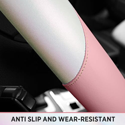 Road Comforts Steering Wheel Cover – Breathable Leather Steering Wheel Cover, Anti-Slip Grip, Universal Fit 14.5” to 15”, Heat & Cold Resistant for Cars, SUVs, and Trucks –Shining White & Pink - color: White&Pink
