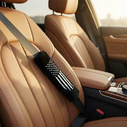 American USA Flag Seat Belt Strap Cover Pad, Patriotic Interior Car Accessories, for Auto Car Truck Pickup 2025, Fulffy Shoulder Neck Cushion Protector, 2 PCS, Black