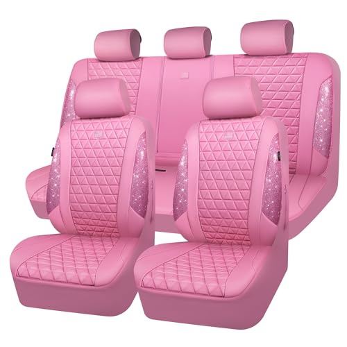 CAR PASS Bling Diamond Pink Leather Car Seat Covers Full Sets Interior Sets, Waterproof Shining Glitter Sparkly Crystal Universal Armrest Fit for Automotive Truck SUV Cute Women Girl, Pink Rhinestone - color: Pink Rhinestone, size: Full Set