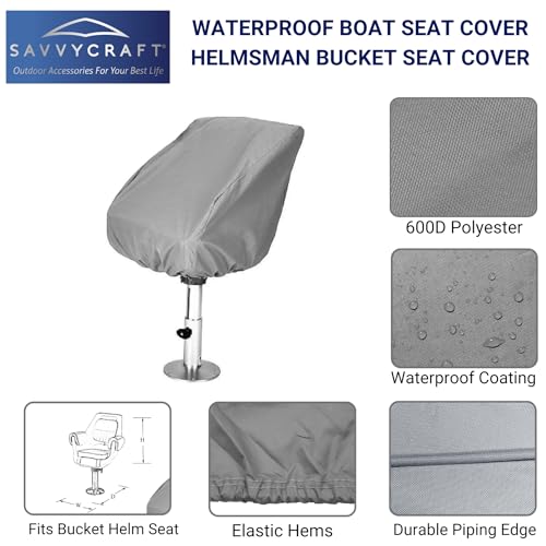 Savvycraft Waterproof Fade-Resistant Helm Helmsman Bucket Boat Seat Cover, Marine-Grade Heavy-Duty Polyester, 21" D x 24" W x 24" H Gray – All-Weather, UV Resistant, Durable Seat Protector