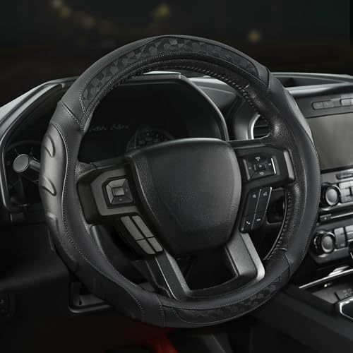 Black Seal Custom-Fit Steering Wheel Cover for Ford F-150, F-250, F-350, Expedition, 15.5–16", Anti-Slip PU Leather (Black) - color: Black