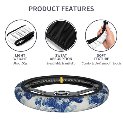 Wave Steering Wheel Cover Elastic Non-Slip Car Steering Wheel Covers with Seat Belt Shoulder Pad for Women Men - color: Wave