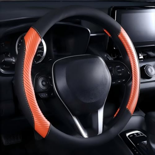 Carbon Fiber Steering Wheel Cover - Premium Perforated Leather Sport Wrap with Odorless Rubber Non-Slip Inner, Universal Fit for Cars SUVS - 15 Inch (Orange) - color: Orange