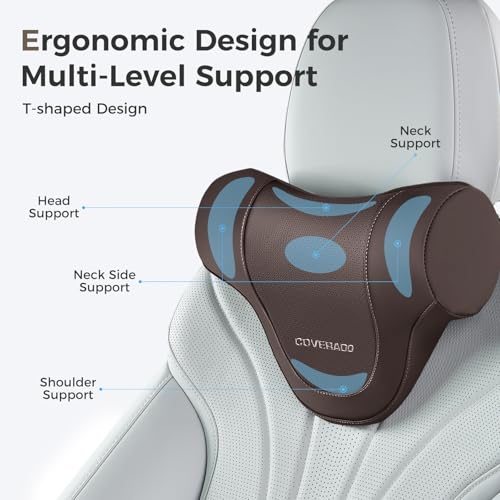 Coverado Car Headrest Pillow, Ergonomic Memory Foam Car Neck Pillow for Driving Seat with Adjustable Strap, Soft PU Leather Breathable Removable Cover Neck Support for Neck Pain Relief