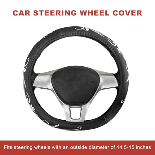 Car Steering Wheel Cover, 14.5-15 Inch Comfortable Anti-Slip Embroidery Auto Steering Wheel Protector, Breathable Leather Wheels Covers for Most Vehicles, Car Accessories (Black & White)