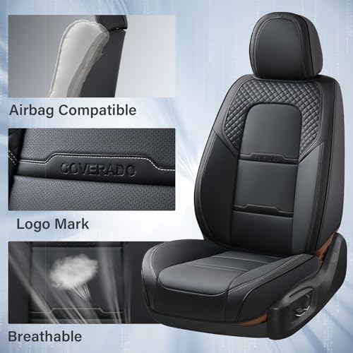 Coverado Car Seat Covers Full Set, 5 Piece Car Seat Protector with Removable Headrest, Nappa Leather Breathable Front Rear Seat Cushion Side All Wrapped Universal Fit Truck Automotive Most Cars Black - color: Nappa-Black, size: Full Set