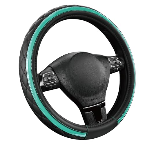 Road Comforts Leather Steering Wheel Cover – Black & Green Universal Fit 14.5-15 Inch, Microfiber Leather, Anti-Slip & Breathable Design for Men and Women - color: Green