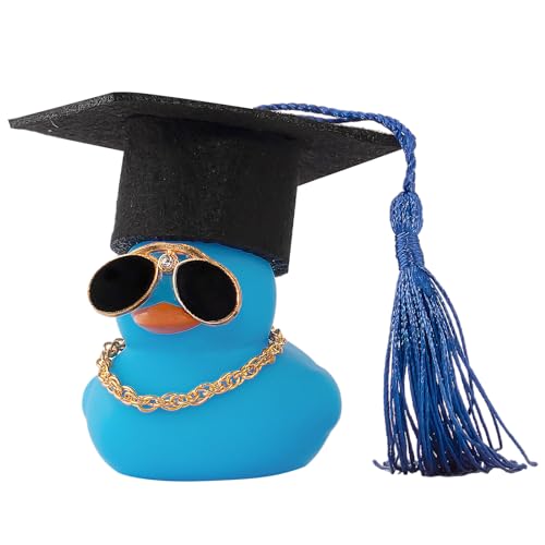 wonuu Car Dashboard Decor Graduation Hat Color Rubber Duck, Car Ducks Ornaments with Mini Graduation Hat Necklace Sunglasses (Blue) - color: Blue, style: Soild