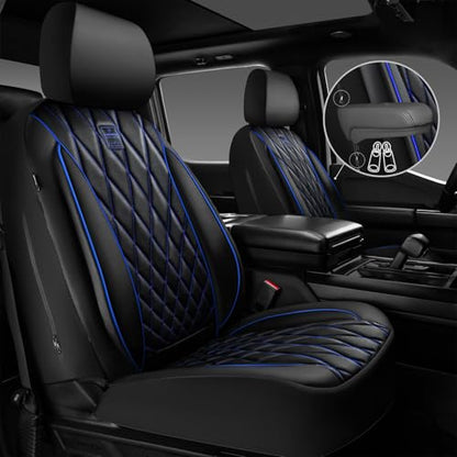 CAR PASS Piping Luxury Leather Seat Covers Full Set,5 Seats Anti-Slip Waterproof Seat Covers Compatible with Front Armrests,Universal Fit for Sendan SUV Van Truck,Airbag Compatible,Black and Blue - color: Black with Blue, size: Full Set