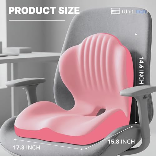 Ergonomic Seat Cushion, Office Chair Seat Cushions with L-Shaped Integrated Design, Memory Foam Orthopedic Cushion with Coccyx Hollow, Lumbar Support & Tailbone Pain Relief for Long Sitting (Pink) - color: Pink