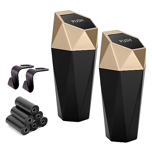 Ginsco Car Trash Can Cup Holder, 2 Pack Mini Car Trash Can with Lid, Car Accessories for Interior, Leakproof Small Trash Cup for Car, Home with Additional 2 ABS Hooks and 90pcs Trash Bags Golden - color: Golden, size: 600ml x 2