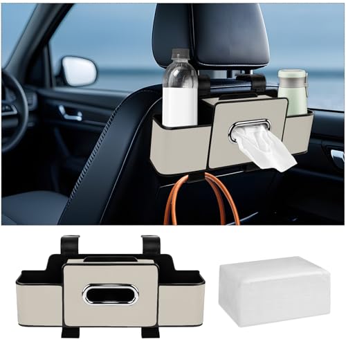 Car Back Seat Organizer with Tissue, Car Seat Back Tissue Box and Storage Hook, Multifunctional Car Organizer for Hold Phone,Drinks,Handbag,Compatible with Most Vehicles (Beige) - color: Beige