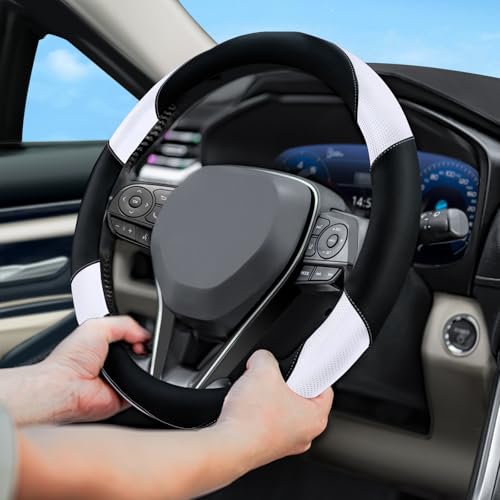 Soft Leather Steering Wheel Cover with Breathable Design and Anti-Slip Grip, Fully Compatible with Tesla, Toyota, Honda, Nissan 14.5-15.2 inch Round Steering Wheel（Sedans and SUVs） - color: DOUBLE-WHITE