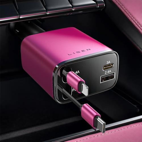 LISEN Retractable Car Charger, 84W Car Charger USB C Fast Charger Adapter, Car Accessories for Men Women, Gifts for Fathers Day for Men Dad Husband, for iPhone 17 16 15 14 13 12 Pro Max, Pink-Black - color: Black-pink
