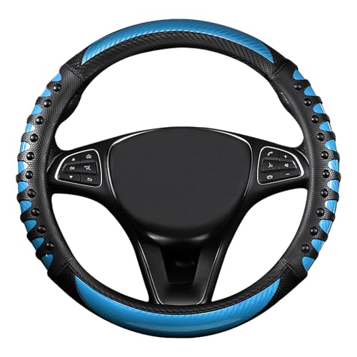 Car Leather Steering Wheel Cover - Carbon Fibre Material, Universal 14.5-15 Inch Leather Anti-Slip Breathable Auto Steering Wheel Covers for Men Women (3D Massage - Sky Blue) - color: 3D Massage - Sky Blue