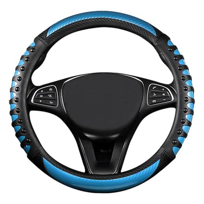 Car Leather Steering Wheel Cover - Carbon Fibre Material, Universal 14.5-15 Inch Leather Anti-Slip Breathable Auto Steering Wheel Covers for Men Women (3D Massage - Sky Blue) - color: 3D Massage - Sky Blue