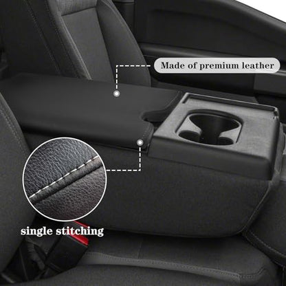 Center Console Armrest Cover Replacement Compatible with Ford F150 2015-2025& 2017-2025 F250 F350 F450 with 40/20/40 (Jump Seat Console), Leather Armrest Protector (Black,Leather Part Only)