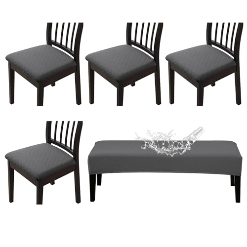 CALBODE Waterproof Seat Covers for Dining Room Chairs Set of 4 with Stretch Bench Slipcover Jacquard Chair Covers Removable Washable Kitchen Chair Seat Cushion Protector(Dark Gray, 5 PCS) - color: A07dark Grey, size: 5 PCS-TPU Waterproof