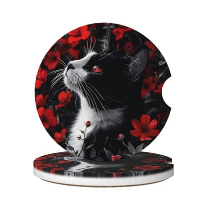 Absorbent Ceramic Car Coasters for Cup Holders, Black Cat Red Flower Design 2.56" Anti Slip Universal Drink Cup Coasters for Women Men (2 Pack) - color: Black Cat Red Flower