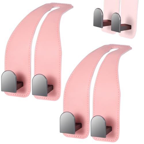 Car Hooks for Headrest, Leather Car Seat Back Storage Organizer Interior Accessories, More Wide & Deep Auto Seat Hook Hangers for Purse Umbrellas Handbag Clothes Coats Grocery Bags (Pink-2 Pack)