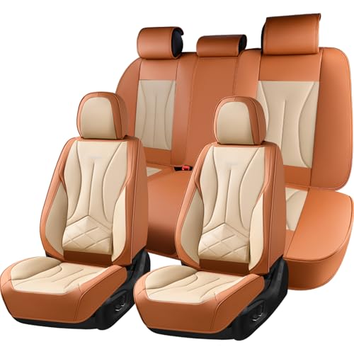 FLORICH Car Seat Covers Full Set, Leather Seat Covers for Cars, Waterproof Car Seat Protectors 5 Seats, Front and Rear Seat Covers for Cars, Automotive Seat Protector Fit for Most Car SUV Truck - color: Brown&Beige, size: FullSet