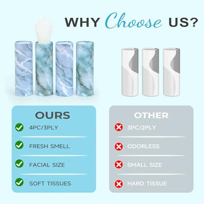 Car Tissue Holder (4 PK) - 50 3-Ply Tissues Cylinder, Fits Car Cup Holders, Portable Travel Tubes Box Container, Marble Design, Round Tissue Container for Car Accessories - style: Marble