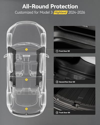 3W Tesla Model 3 Hignland Door Sill Protector 2024 2025 2026 Front & Rear, Rear Bumper, Trunk Sill Protector, Door Entry Guard, Edge Guards, TPE Customized Accessories - size: Model 3 2024-2026| 4-Door Sills w/ Bumper