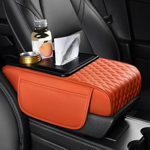 Center Console Cover Organizer, 5-in-1 Arm Rest Cover for Car with Cup Holder & Storage Pocket & Tissue Holder, Armrest Cover Cushion Pad, Water Ripples, Emma Orange - color: Emma Orange, size: Water Ripple