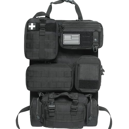 6 Pack Tactical Molle Car Seat Back Organizer - Tactical Vehicle Panel Organizer with 5 Detachable Molle Pouch,US Flag Patch and Keychain,Great Trunk Accessories for Man