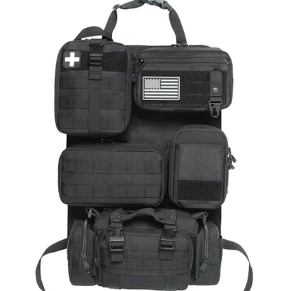 6 Pack Tactical Molle Car Seat Back Organizer - Tactical Vehicle Panel Organizer with 5 Detachable Molle Pouch,US Flag Patch and Keychain,Great Trunk Accessories for Man