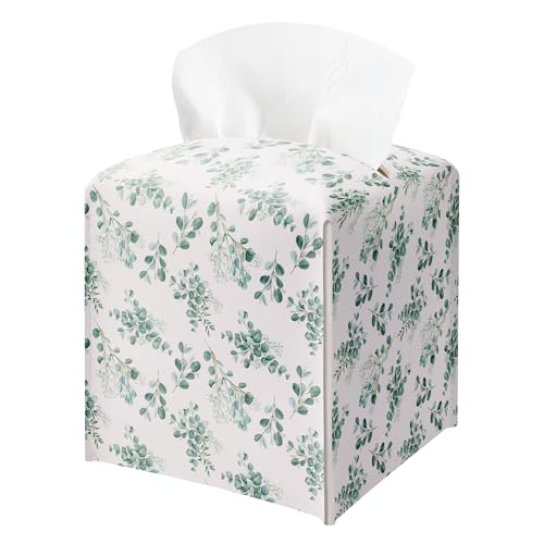 Watercolor Eucalyptus Leaves Tissue Box Cover - Green Leaves Branches Waterproof PU Leather Facial Paper Organizer, Decorative Square Holder for Bathroom, Home Office & Car Decorations - color: Green02
