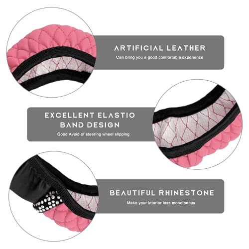 Bling Car Steering Wheel Cover, 15 Inch Sparkly Rhinestone Soft Leather Steering Wheel Protector, Non-Slip Universal Auto Elastic Steering Wheel Covers for Women Girls (Pink) - color: Pink