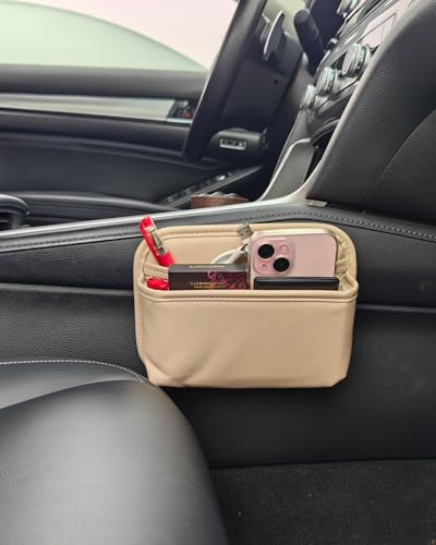Driver's Car Storage Bag, Small Car Side Pocket Organizer for Car Seats, Doors and Consoles, PU Leather (Beige)