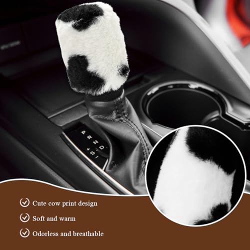 Cow Print Car Shift Knob Cover, Cute Cow Print Anti-Slip Plush Shifter Stick Protector for Winter Warm, Soft Fluffy Comfortable Grip Printed Gear Shift Covers for Women Girls