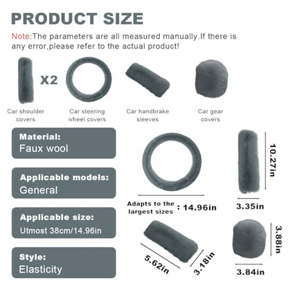 5PCS Fluffy Car Steering Wheel Cover Set, Includes Faux Fur Gear Shift Cover & Handbrake Cover & Steering Wheel Protector & 2 Seat Belt Shoulder Pads, Winter Fuzzy Warm Car Accessories (Grey) - color: Grey
