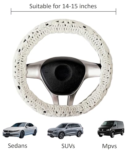 Crochet Steering Wheel Cover, Sunflower Steering Wheel Cover, 14-15 inch, Universal fit, Boho Car Accessories, for Men, Women and Girly, White (Wheel Cover Set) - color: Wheel cover set