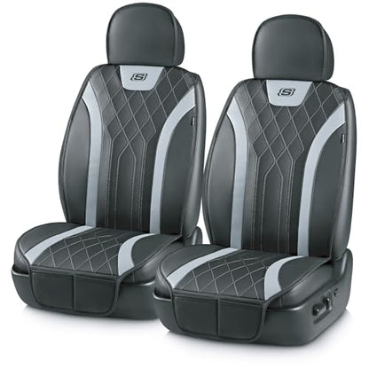 Skechers MAX Cushioning Car Seat Covers,Memory Foam Leather Car Seat Protectors, Airbag Safe Waterproof Sideless Front Seat Covers with Storage Pocket,Universal Fit for Cars Trucks SUV, Gray 2PCS