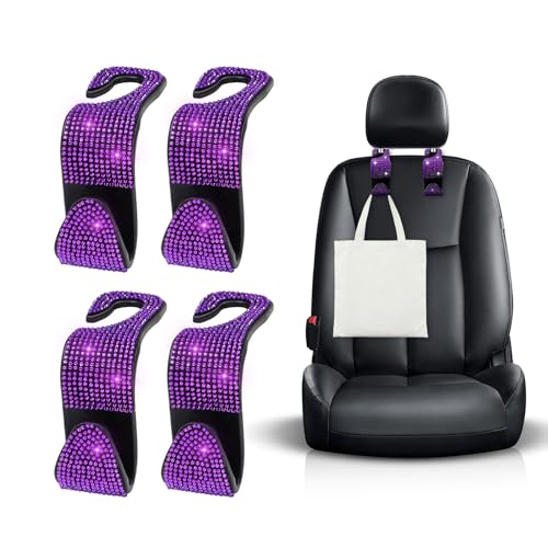 Ohleats 4 PCS Bling Car Seat Headrest Hooks, Crystal Rhinestone Back Seat Hanging Storage Organizer, Vehicle Seat Hanger Holder for Purse Handbag Coat, Interior Car Accessories (Purple) - color: 4 PCS Purple