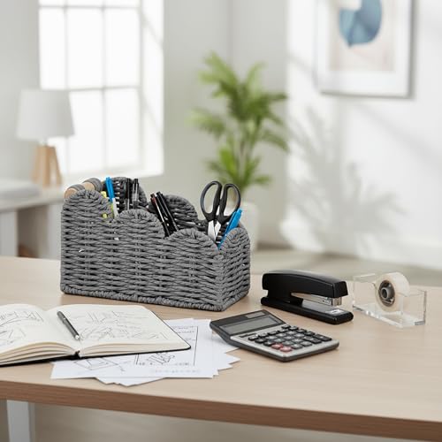 CubesLand Bedside Table Desk Organizer Caddy, Remote Pen&Pencil Holder Cup, Makeup Brush Holder w/Scalloped Perfect for Home, Office Desk, Living Room Table Decor, 3 Slots Grey - color: Grey