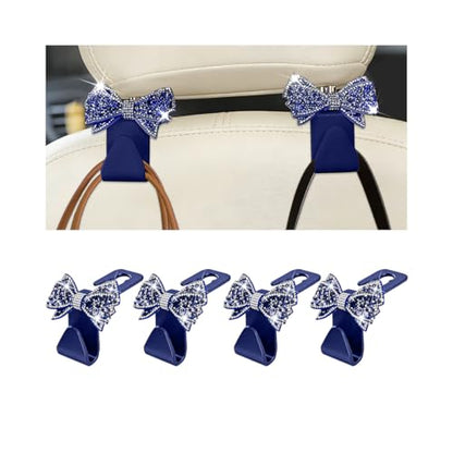 Bling Car Headreat Hook, 2PCS Crystal Rhinestone Cute Bow Vehicle Seat Back Hanger Storage for Purses Bags Grocery, Diamond Auto Rear Seat Organizer, Universal for SUV Truck Sedan (Blue) - style: Blue/4PCS