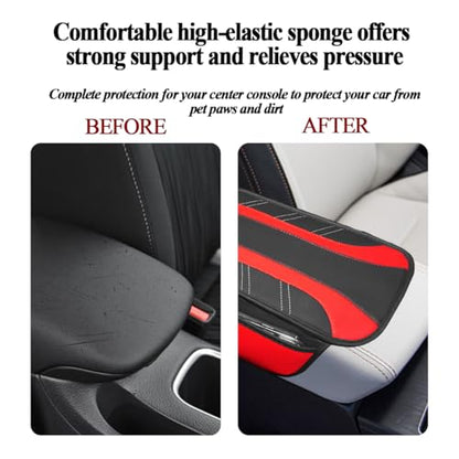 Car Center Console Cover, Soft Leather Sporty Armrest Protector Cushion with 2 Storage Pockets, Comfortable Auto Interior Middle Console Arm Rest Box Pad, Universal for Vehicles (Red)