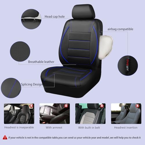 CAR PASS Universal FIT Piping Leather Two Front Seat Covers, Waterproof Faux Leather for SUV Sedan Van Truck, Airbag Compatible,Reserved Opening Holes for Headrest Covers. (Black and Blue) - color: Black Blue