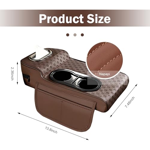 Car Armrest Cushion, Classic Grid Pattern Car Center Console Cover Pad, Waterproof 4-in-1 Armrest Cover with Tissue Box, Cup Holder, 2 Storage Bags, Universal for Most Cars (Coffee) - color: Coffee