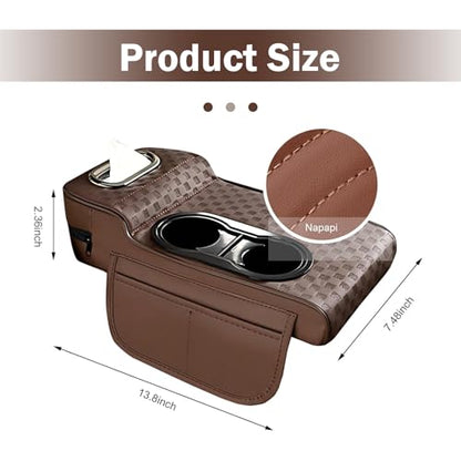 Car Armrest Cushion, Classic Grid Pattern Car Center Console Cover Pad, Waterproof 4-in-1 Armrest Cover with Tissue Box, Cup Holder, 2 Storage Bags, Universal for Most Cars (Coffee) - color: Coffee