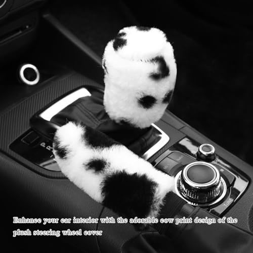 4 PCS Cow Print Car Accessories Set, Cute Cow Print Plush Wheel Shift Knob Protector for Winter Warm, Soft Fluffy Printed Handbrake Covers Armrest Pad for Women Girls - color: 4PCS Set