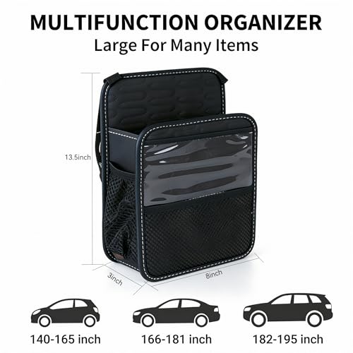 Car Purse Holder Between Seats, PU Leather Front Seat Storage Bag with Tissue Holder, Multi-Pocket Car Organizer with Touch Screen Phone Holder Cup Holders Mesh Pockets, Universal Fit for SUV Sedan