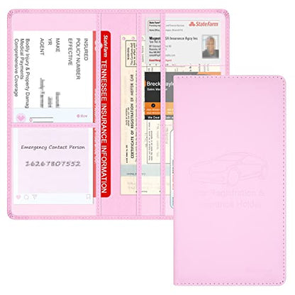 Car Insurance and Registration Holder, 9.5 x 5 Inch PU Leather Vehicle Glove Box Organizer Wallet Case for Insurance Card, Driver License, Paperwork - Pink - color: Pink