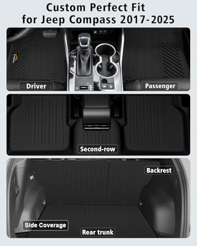 Floor Mats Custom Fit for Jeep Compass 2017-2025 2026 Trunk Mat with Backrest Mat All Weather TPE Rubber Cargo Liner Anti-Slip Full Set for Compass Accessories (Trunk Mat+Backrest Mats+Floor Mats) - size: For Jeep Compass 2017-2026