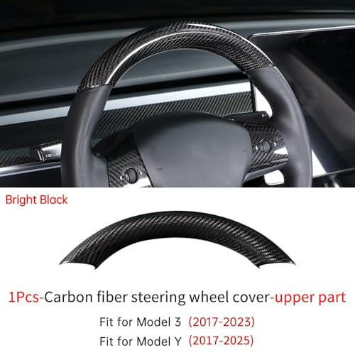 JSWAN Real Carbon Fiber Steering Wheel Cover for Tesla Model 3 2017 to 2023 Model Y 2020 to 2024 Steering Wheel Cover Steering Wheel Wrap Protector Interior Accessories (Bright Black Upper Part)